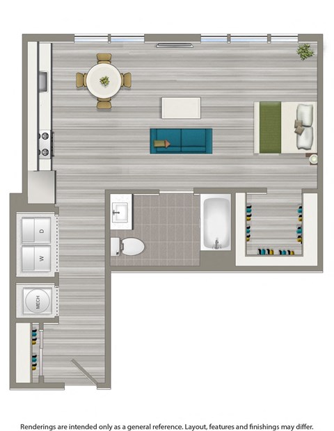 studio apartment floor plan rendering at cityview apartments in washington dc